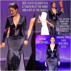 Satin Long Sleeved Navy Blue Gown